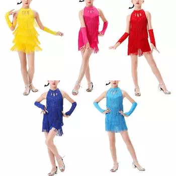 Костюм для девочек для латиноамериканских танцев сальса, многоуровневый купальник с кисточками, бретелькой через шею, без рукавов, со шнуровкой на спине, бахромой и перчатками 3-4 Years жёлтый