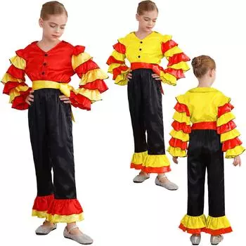 Костюм для девочек «Фламинго» для самбы, румбы, бальных латинских танцев, костюм для косплея на Хэллоуин, цельный комбинезон с рукавами-колокольчиками 5-6 Years жёлтый