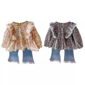 Костюм для девочек из двух частей, джинсовые расклешенные брюки в западном стиле 100