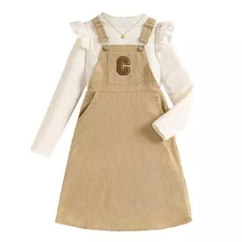 Костюм для девочек из вельветовой юбки с подтяжками Детская одежда Белый трикотажный топ + юбка Комплект 12Y светло-коричневого