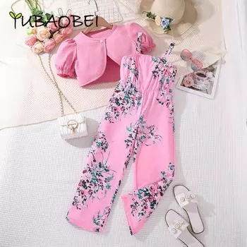Костюм для девочек, комбинезон с принтом на подтяжках, летняя детская одежда, топ с короткими рукавами + комбинезон, модная одежда 8Y розовый