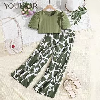 Костюм для девочек, летний новый топ с пышными рукавами и брюками с принтом, комплект из 2 предметов