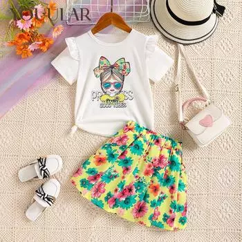 Костюм для девочек, летняя футболка с короткими рукавами, плиссированная юбка с цветочным принтом, комплект из двух предметов, детский летний костюм 4Y белый