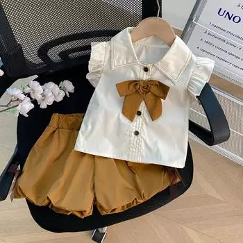 Костюм для девочек, летняя одежда, детская одежда, модная белая рубашка и коричневые шорты, комплект из 2 предметов для девочки 90
