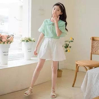 Костюм для девочек, лето 2023, рубашка с короткими рукавами в волнистый горошек + шорты, повседневный детский костюм из двух предметов 120cm