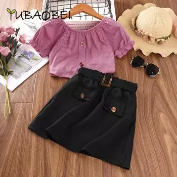 Костюм для девочек, лето 2024, футболка с короткими рукавами и юбка, комплект из 2 предметов для больших детей, модная одежда для детей 7-8T розовый