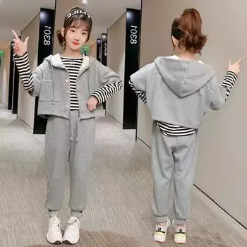 Костюм для девочек на весну и осень, спортивный комплект из трех предметов, детская одежда в стиле колледжа 170 серый