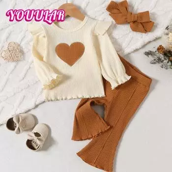Костюм для девочек на весну и осень, толстовка с длинными рукавами и брюками в полоску в форме сердца, комплект из 3 предметов 0-3M абрикосовый