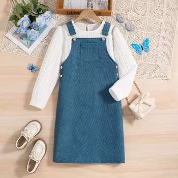 Костюм для девочек, новый осенне-зимний топ с длинными рукавами, вельветовая юбка на подтяжках, детская одежда 7-8Y