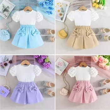 Костюм для девочек от 1 до 7 лет, новый топ с короткими рукавами и юбкой с бантом для девочек, милый модный костюм 5Y розовый