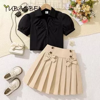 Костюм для девочек-подростков, детская одежда, летняя школьная форма в стиле преппи, рубашка с рукавами-фонариками + плиссированная юбка с бантом, комплект из двух предметов 12Y чёрный