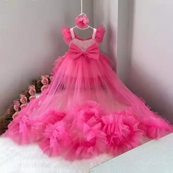 Костюм для девочек с блестками и бантом на первый день рождения, платья принцессы для девочек, фатиновые свадебные костюмы русалки на Хэллоуин 6-9M розовый