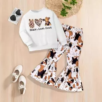 Костюм для девочек с круглым вырезом и принтом коровы, свитер и брюки, повседневный модный детский костюм на весну и осень 1-2Y