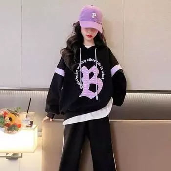 Костюм для девочек, свитер с длинными рукавами и капюшоном + брюки, костюм из двух частей, модный свободный костюм с шароварами 120 чёрный