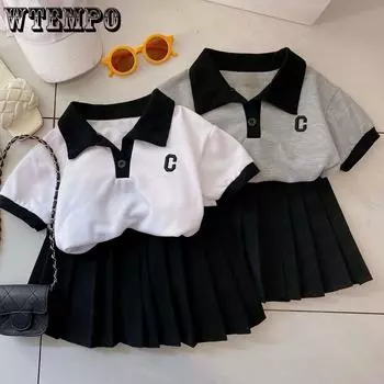 Костюм для девочек, юбка, летняя плиссированная юбка в студенческом стиле, футболка JK, однотонный повседневный комплект из двух предметов 90 белый