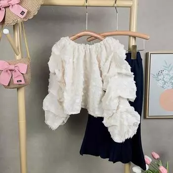 Костюм для девочек в западном стиле, удобный топ с пышными рукавами и расклешенные брюки с разрезами 110