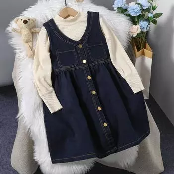 Костюм для девочек, весенне-осенний новый детский свободный вариант, корейская джинсовая юбка без рукавов на подтяжках 120 синий