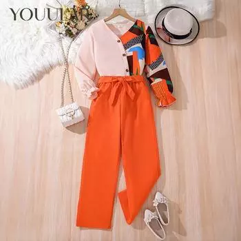 Костюм для девочек, весенне-осенняя детская одежда, новая одежда для девочек 6–12 лет, цветные топы с длинными рукавами, брюки