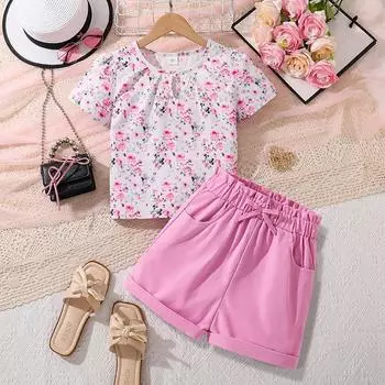 Костюм для девочки 7-13 лет, детская летняя футболка с модным принтом, топ с короткими рукавами + шорты, 2 шт., брюки для девочек 130cm/8Y розовый