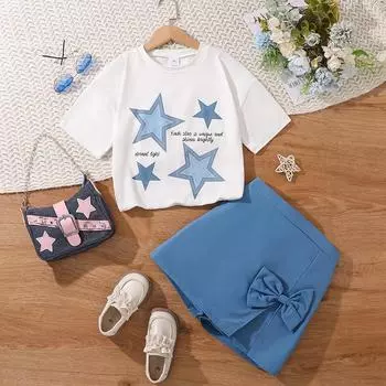 Костюм для девочки 7-13 лет, детская летняя футболка с модным принтом, топ с короткими рукавами + шорты, 2 шт., брюки для девочек 130cm/8Y розовый