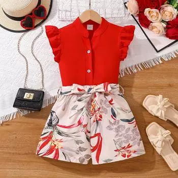 Костюм для девочки 7-13 лет, детская летняя футболка с модным принтом, топ с короткими рукавами + шорты, 2 шт., брюки для девочек 130cm/8Y розовый