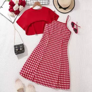 Костюм для девочки 8-12 лет, летний комплект из двух предметов: красное клетчатое платье с бретелькой через шею + милая блузка с короткими рукавами 130cm/8Y красный