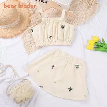 Костюм для девочки Bear Leader 1-6 лет, белый, с цветочной вышивкой, хлопок, подтяжки + юбка, комплект из двух предметов AZ3360 12M