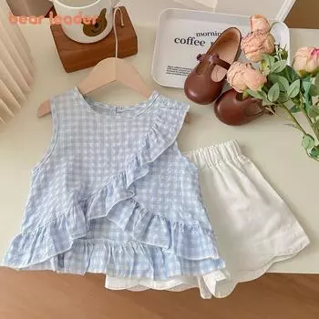 Костюм для девочки Bear Leader 2-6 лет, синий клетчатый топ без рукавов + шорты, комплект из двух предметов AM3798 2T