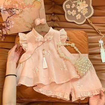 Костюм для девочки Bear Leader 2-7 лет, розовый вышитый цветочек топ + шорты, комплект из двух предметов TZ705 2T