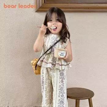 Костюм для девочки Bear Leader 3-7 лет бежевый цветочный безрукавка + штаны комплект из двух предметов AZ3537 3T