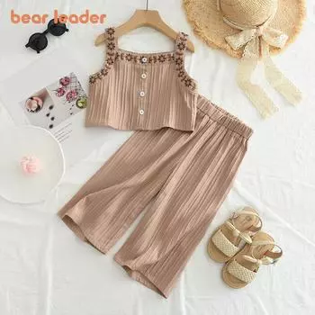 Костюм для девочки Bear Leader 3-7 лет, жилет цвета хаки с цветочной вышивкой + брюки, комплект из двух предметов AZ4427 3T