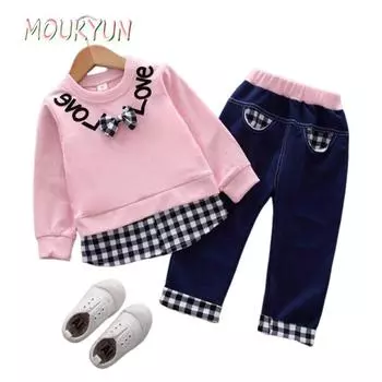 Костюм для девочки из хлопка 0-4 лет 3 цвета 80-110 клетчатый свитер с буквенным принтом детская одежда из двух предметов 80 жёлтый