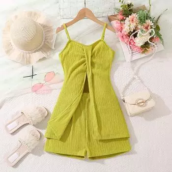 Костюм для девочки, летняя детская одежда, горячая распродажа, детский комбинезон среднего и старшего возраста, однотонный, с открытым топом и шортами, комплект из двух предметов 130cm/8Y зелёный