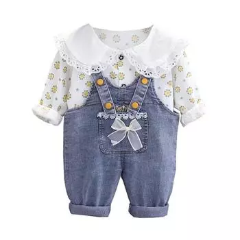 Костюм для девочки с длинным рукавом и лацканами, джинсовый комбинезон для малышей, костюм из двух частей 100