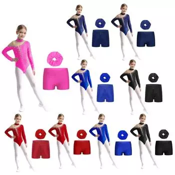 Костюм для фигурного катания для девочек из 3 предметов с длинными рукавами и вырезом-замочной скважиной на спине, прозрачный сетчатый купальник 5-6 Years чёрный