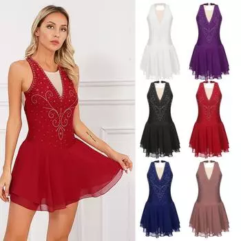 Костюм для фигурного катания, танцевального выступления, блестящее прозрачное сетчатое платье в стиле пэчворк со стразами XXL бордовый