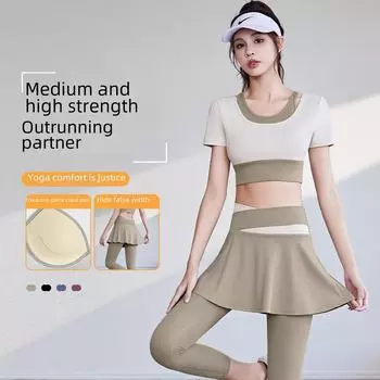 Костюм для йоги Juyitang с высокой талией и телесным принтом: Эластичный комплект из двух предметов для поднятия талии, бега и фитнеса short sleeve, XL