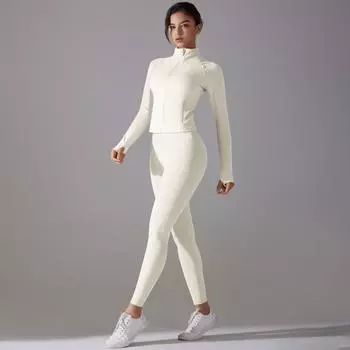 Костюм для йоги Nessaj с карманами, женский, на молнии, с длинным рукавом, спортивная одежда, длинные брюки для фитнеса, однотонный костюм для тренировок S коричневый