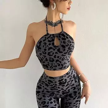 Костюм для йоги с высокой талией и леопардовым принтом в европейском и американском стиле — фитнес-брюки с подтяжкой бедер, спортивный бюстгальтер, шорты и жилет для лета персикового цвета Medium