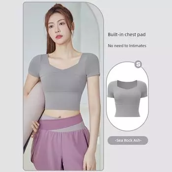 Костюм для йоги Женский Летний 2025 Новое поступление Мода Утренняя пробежка Спорт Пояс Нагрудные подушечки Быстросохнущая одежда Бег Фитнес С коротким рукавом Sea rock ash M