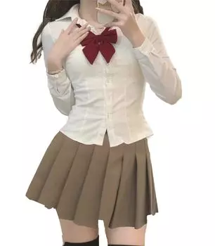Костюм для косплея, комплект из 3 предметов для старшеклассниц, юбка, школьная форма, длинный рукав, нарядное платье JK с высокой талией, цвет хаки, M [Wuzfully] хаки