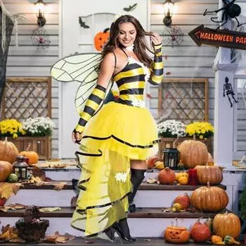 Костюм для косплея пчелы с крыльями и антеннами, королева пчел, ролевой костюм для вечеринки на Хэллоуин, цветочный декор L