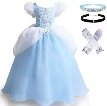 Костюм для косплея принцессы, роскошный комплект, белые и синие перчатки с оригиналом 110 см NT461 [ДОСТОВЕРНО] Детский комплект из 5 предметов - (Платье принцессы, Лента,