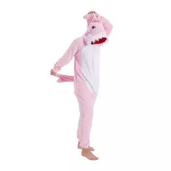 Костюм для косплея «Розовая акула», цельная пижама кигуруми для взрослых, комбинезон с героями мультфильмов для Хэллоуина, одежда для всего тела S розовый/белый
