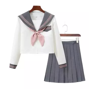 Костюм для косплея в виде матроски, аутентичная школьная форма с длинными рукавами и бантом, серо-розовый три воротника Канто, открытая спереди плиссированная юбка, милая школьная форма