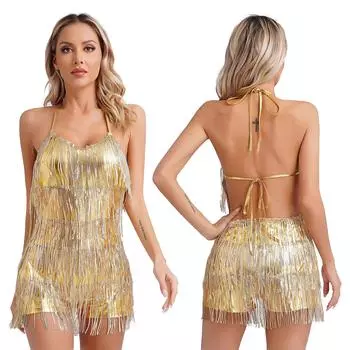 Костюм для латинских джазовых бальных танцев, боди с открытой спиной и блестками, трико с бахромой, коктейльное вечернее платье, наряд танцовщицы L золотой