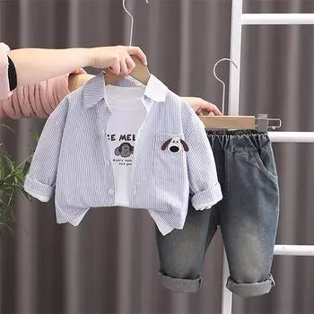 Костюм для мальчика 0-5 лет Детская полосатая рубашка с длинными рукавами Куртка с рисунком Круглый вырез, белый топ Повседневные джинсы Комплект из трех предметов S синий