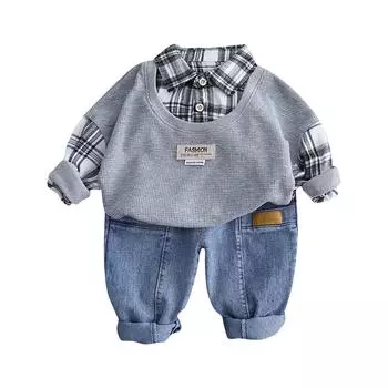 Костюм для мальчика, детский клетчатый комплект из двух предметов, длинный рукав, длинные брюки, комплект из двух предметов 100