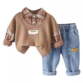 Костюм для мальчика, детский клетчатый комплект из двух предметов, длинный рукав, длинные брюки, комплект из двух предметов 100 коричневый