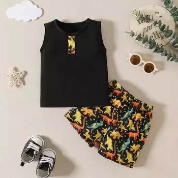 Костюм для мальчика, летний черный жилет без рукавов с рисунком динозавра, топ + шорты, комплект из 2 предметов, костюм-рубашка для детей 1-6 лет 2T чёрный